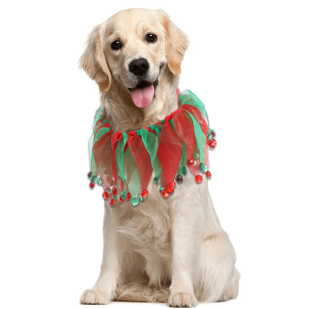 Colourful tie-dye dog collar in green, blue, Halloween, and Christmas styles on a white background.