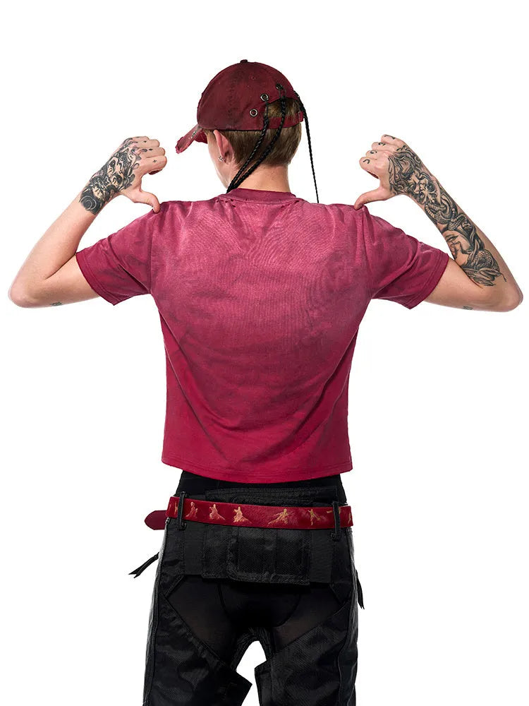 Red men's slim-fit distressed T-shirt with short sleeves and round neck
