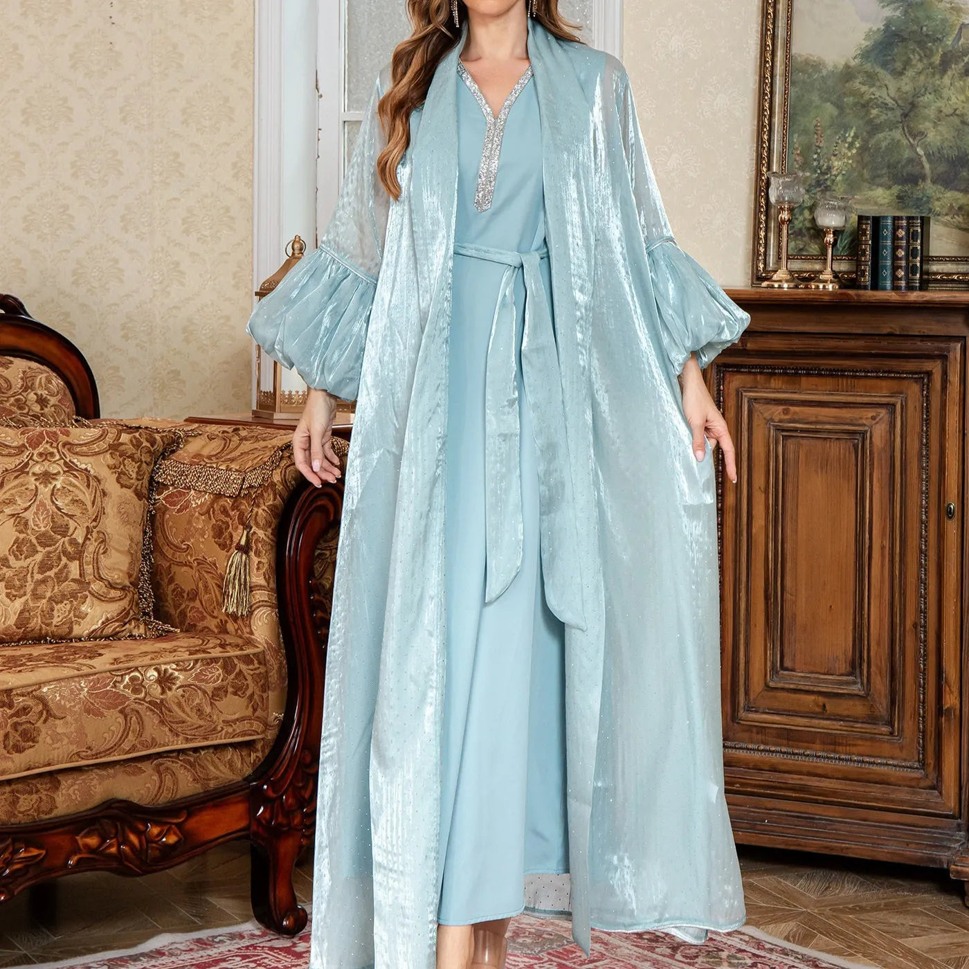Dubai Arabic two-piece dress set with rhinestone decoration in blue or brown colour