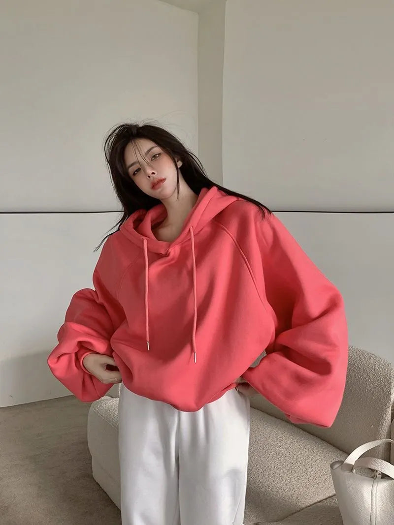 Women's watermelon red sleeveless hooded pullover sweater in loose fit made from mulberry silk