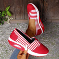 Women's striped canvas casual shoes in blue with flat platform heel and round head