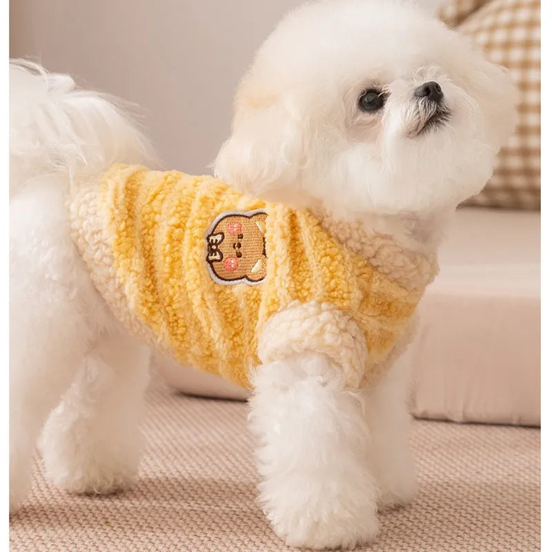 Warm striped lambskin fleece pet clothing with drawstring for small and medium dogs and cats, blue colour