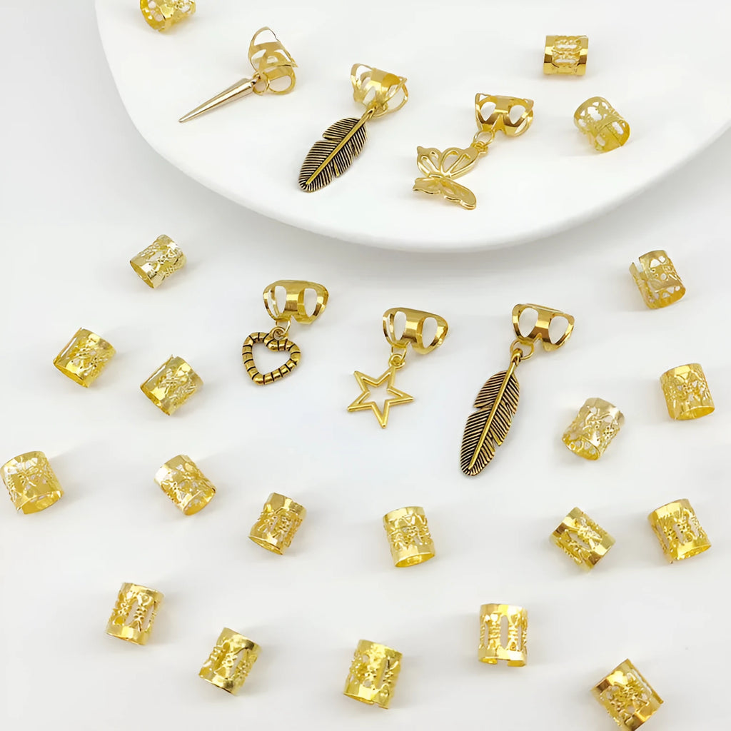 Pack of 26 antique-style hair rings with leaves and braid design in gold or silver electroplated finish