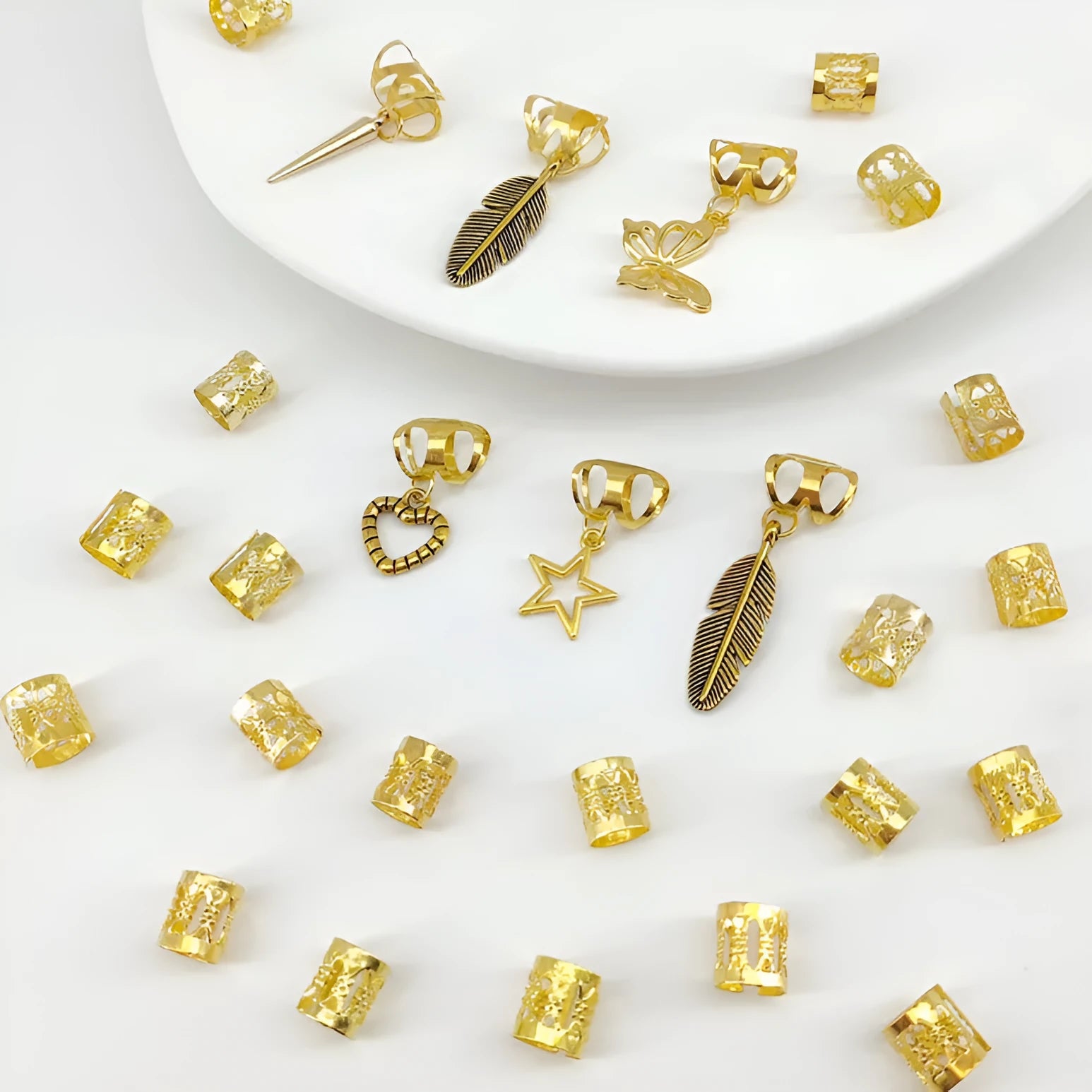 Pack of 26 antique-style hair rings with leaves and braid design in gold or silver electroplated finish