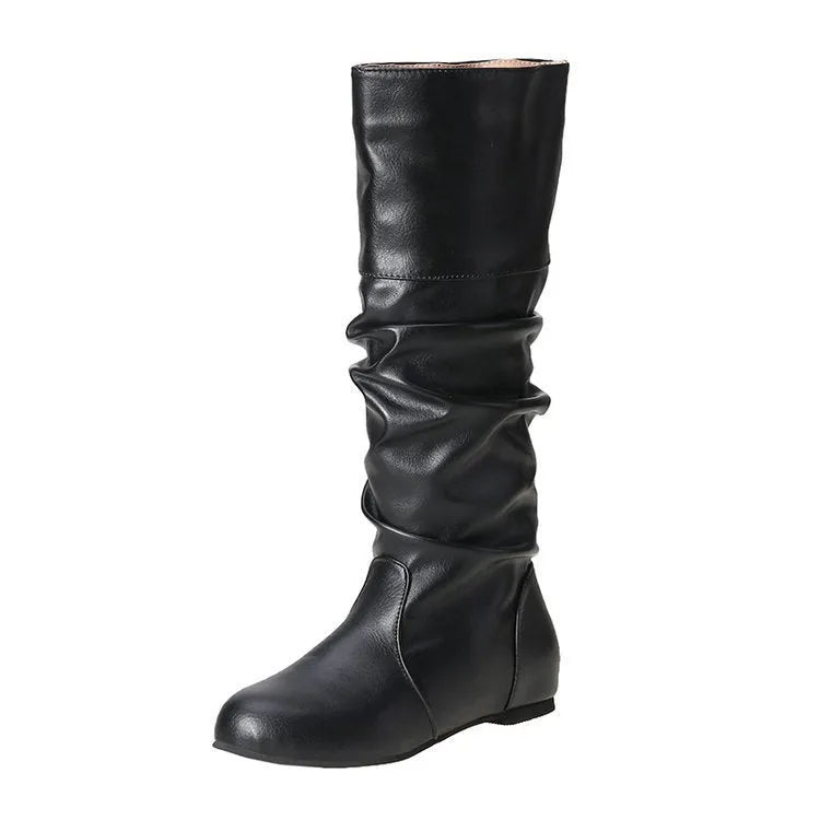 Women's black flat heel long slip-on boots with a round toe and high cylinder length.