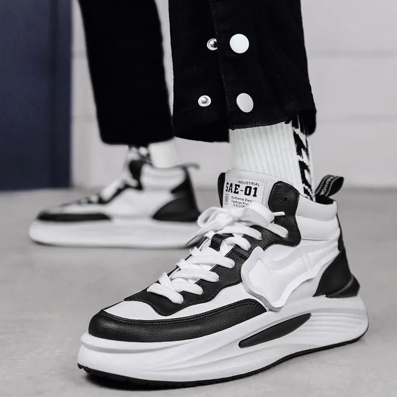 Men's black platform high-top board shoes with round toe and artificial PU upper