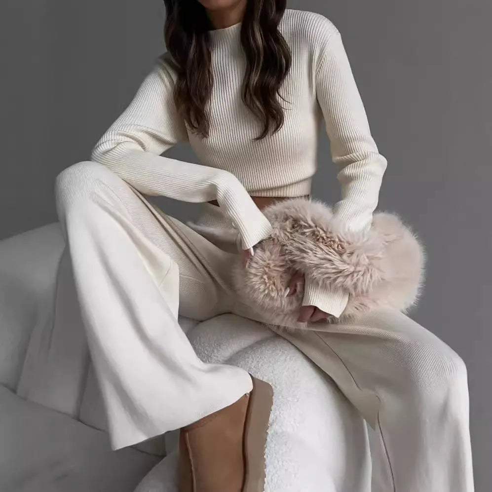 Women's cotton blend suit set in solid colour with long-sleeve top and trousers, apricot tone, street fashion style