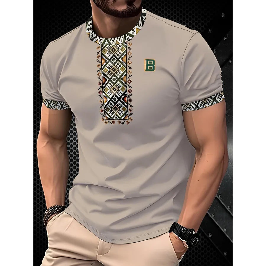 Men's loose fit short-sleeved T-shirt with digital 3D printed striped pattern
