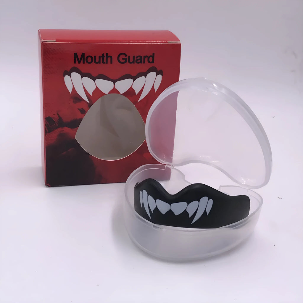 Adult boxing mouthguard with printed teeth design in black/white, red/white, and blue/white colour options