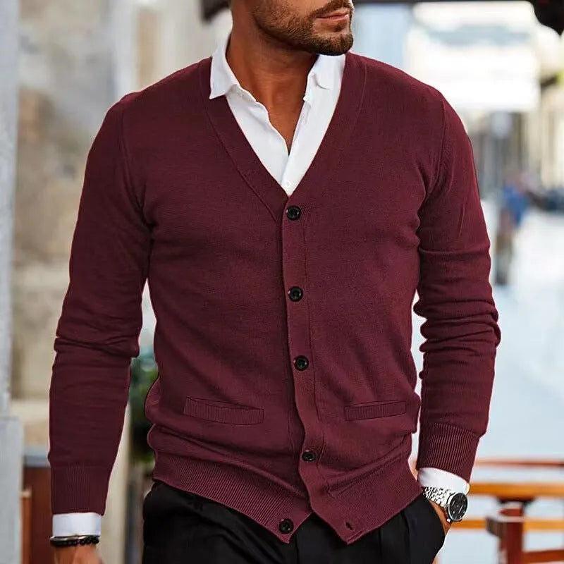 Men's slim fit acrylic cardigan sweater coat in dark grey, shown open over a t-shirt.