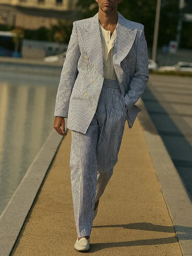 Blue and white striped polyester suit set with blazer and trousers for daily wear