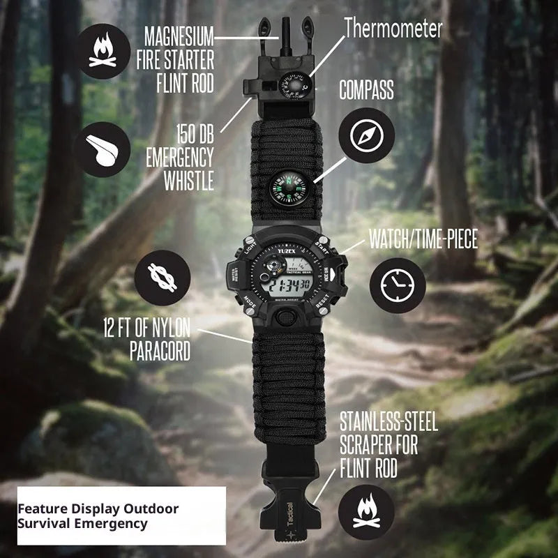 Multifunctional survival bracelet watch with parachute cord strap, firestone, whistle, and compass on a wrist in outdoor setting