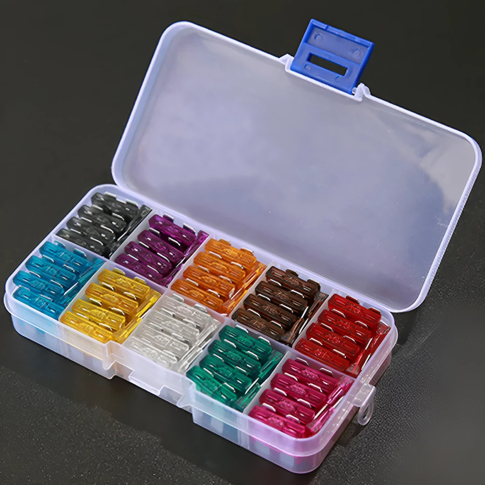 Boxed car medium plug-in fuse set with 50 or 100 medium-speed fuses for automotive electronics