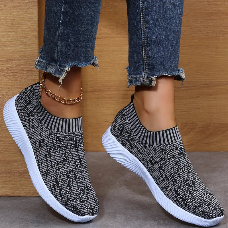 Unisex stripe knit sock shoes flat sneakers in white grey flower colour low top EVA sole