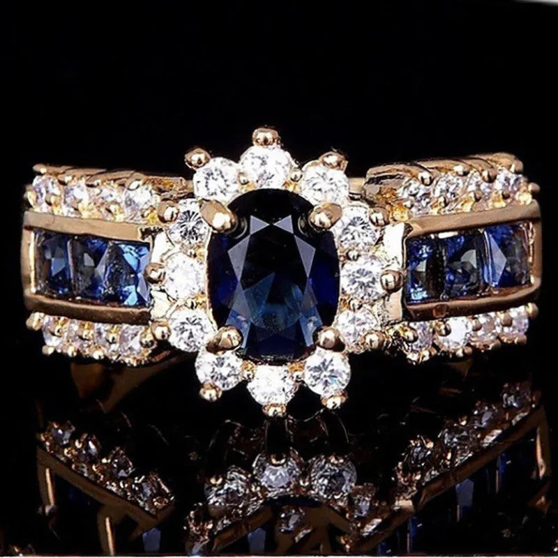 Fashion personalised zinc alloy ring with diamond treatment in sunflower blue or square zircon designs