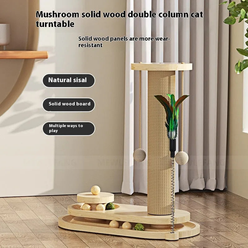 Solid wood cat scratching post with a central rotating turntable, shown in a natural wood finish.