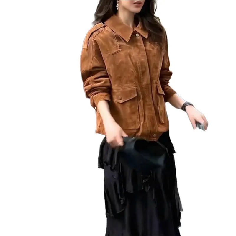 Brown polyester suede coat with regular sleeves on a hanger