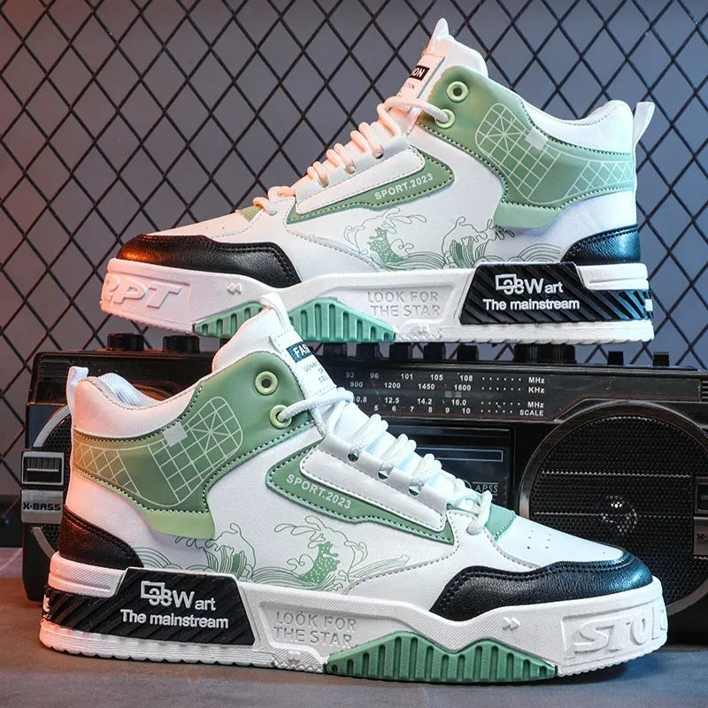Men's beige broad fit casual sports high-top board shoes with rubber sole and mesh lining