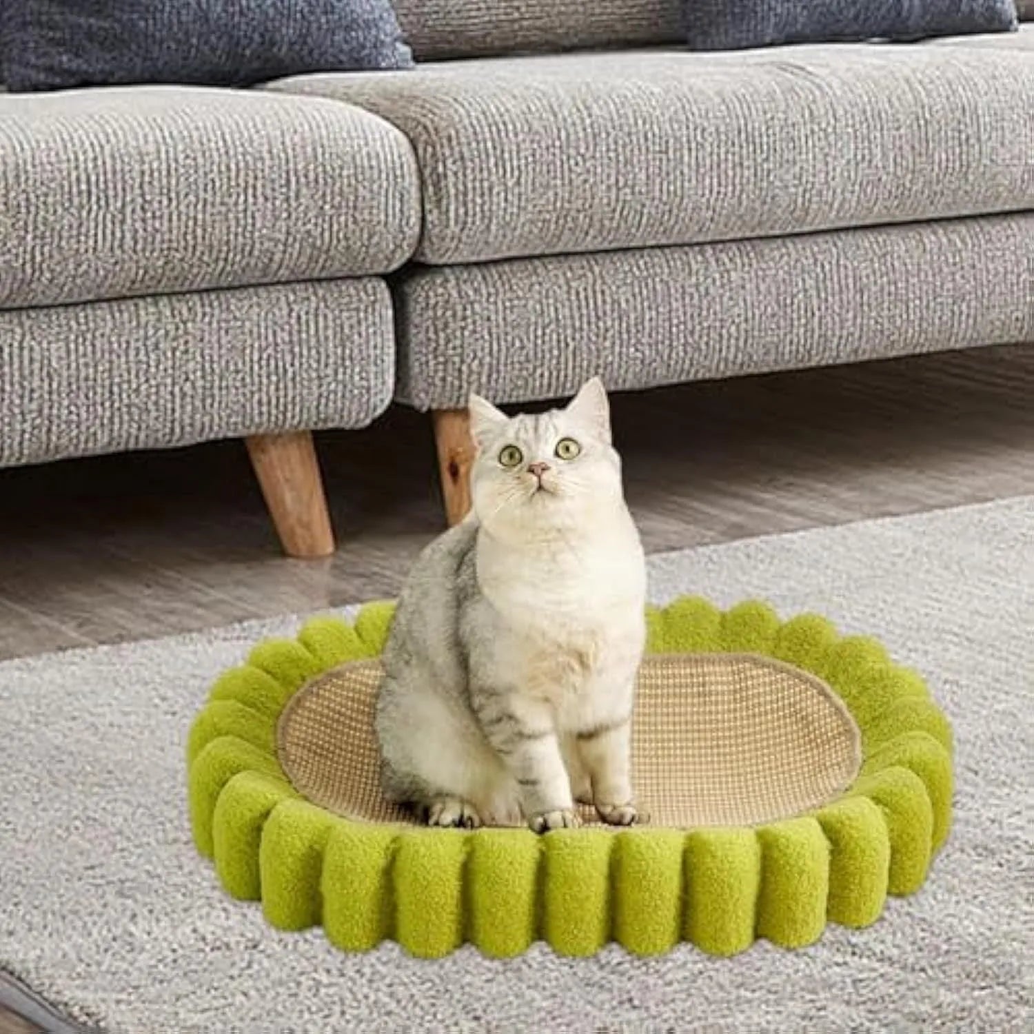 Green oval cat scratcher bed made from sisal, showing its bowl shape and textured scratching surface.