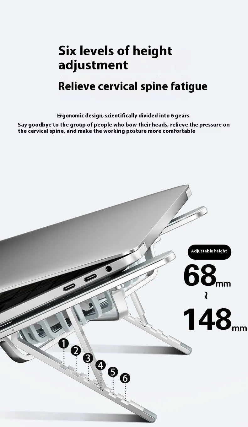 Silver aluminium laptop cooling stand with twin fans and adjustable height mechanism, folded beside notebook computer