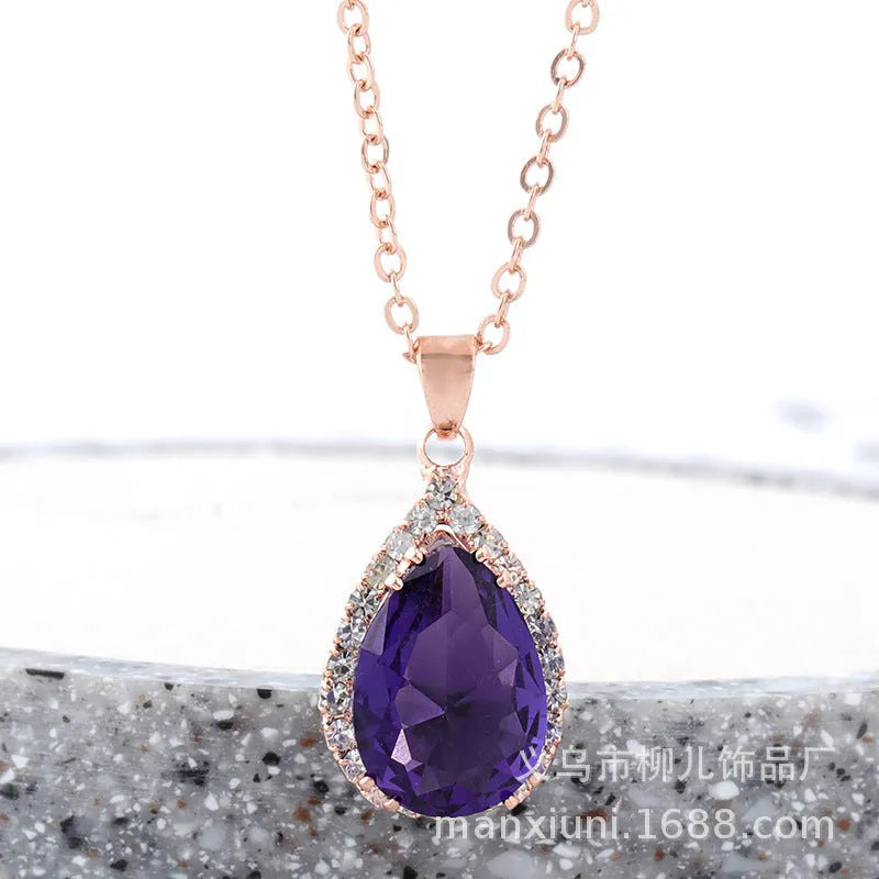 Rose gold drop necklace with rhinestone pendant in pink colour, geometric Japanese Korean style women's jewellery