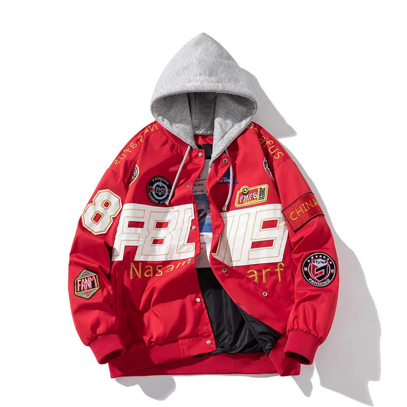 Black loose-fit motorcycle baseball jacket with a removable hood and side pocket.