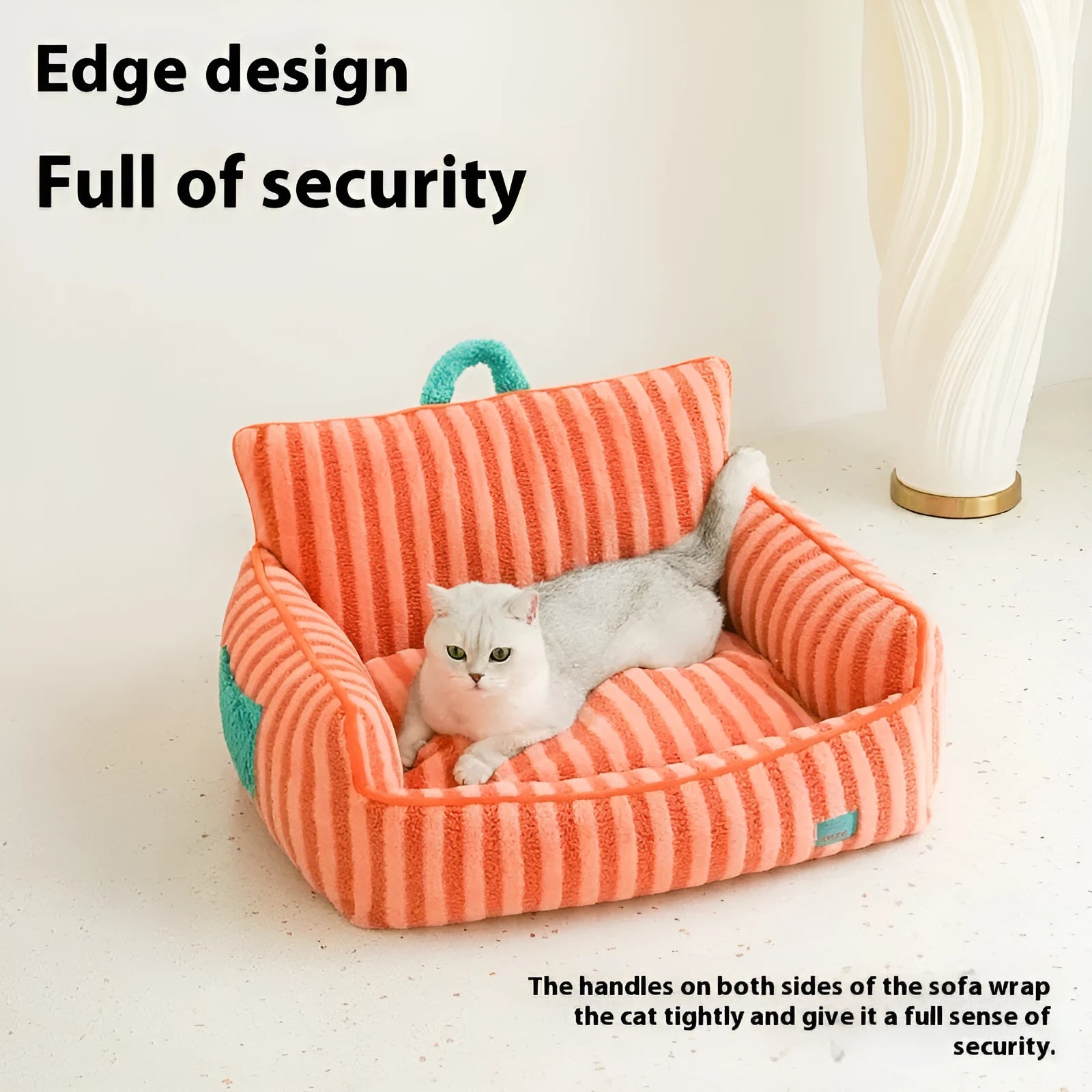 Striped orange soft velvet pet bed with a removable washable cover for dogs and cats.