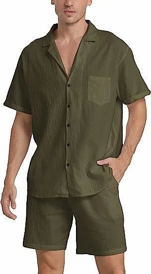 Men's flax summer sports shorts suit with short-sleeved top and matching athletic shorts