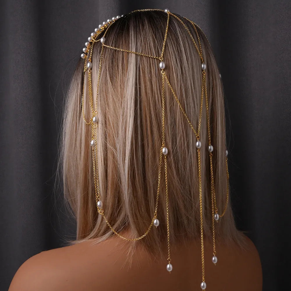 Women's mesh tassel hair chain with electroplated gold or silver finish and pearl decorative elements