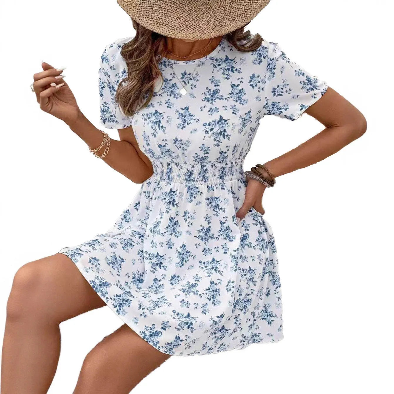Light blue A-line casual dress with high waist and mid-length cut