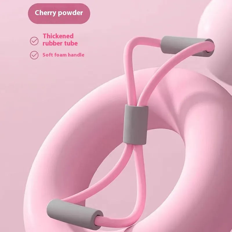 Yoga four piece fitness set showing leg beauty device, yoga ring, pedal tension device and figure eight tension rope
