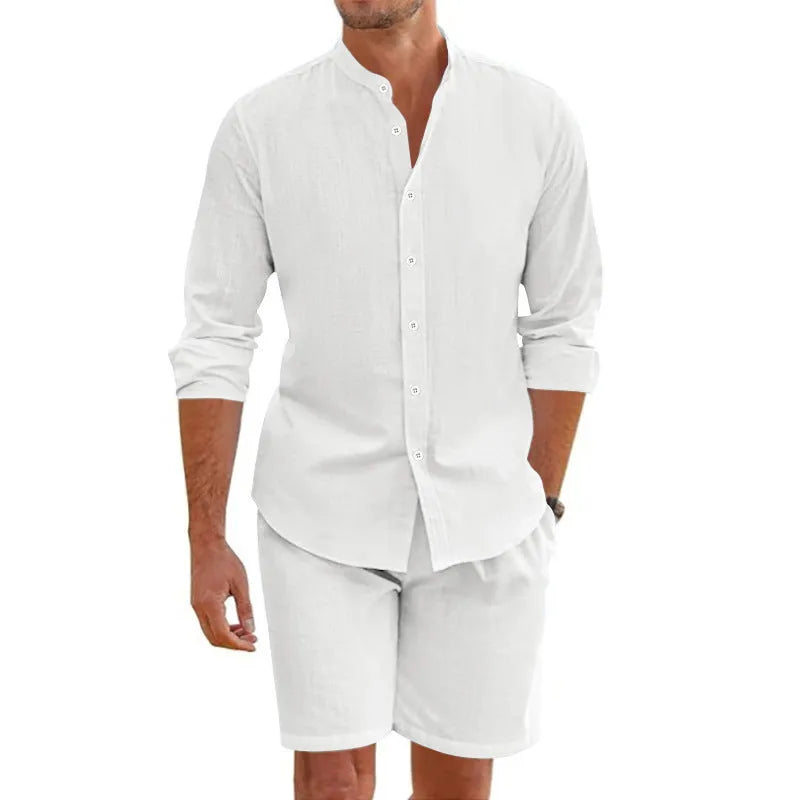 Men's dark grey linen blend short sleeve shirt and drawstring shorts set laid flat.
