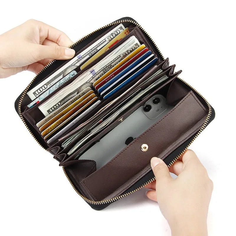 Genuine leather long bifold wallet for women in multiple solid colours showing bifold design.