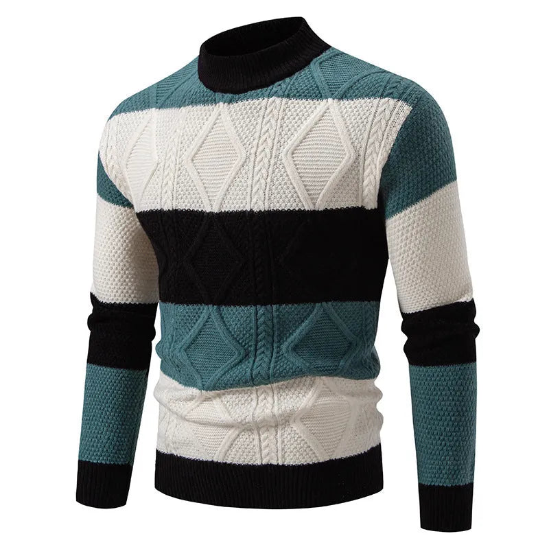 Men's fall winter loose fit colour block rhombus twisted sweater pullover in black, white and khaki