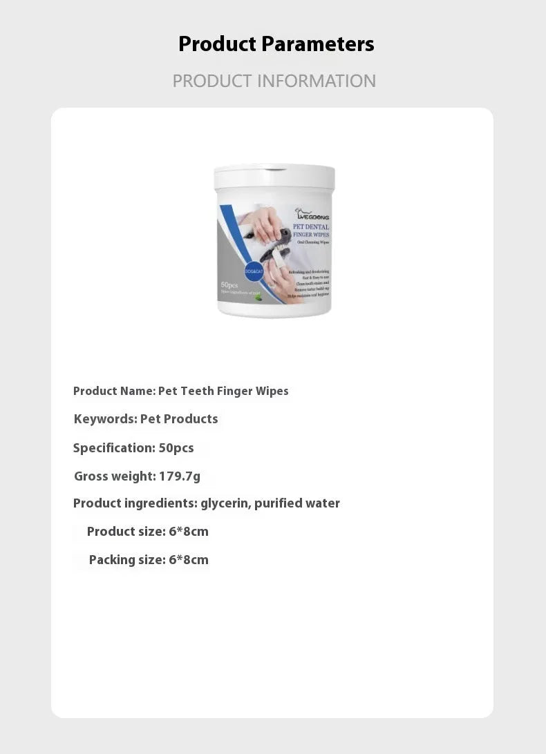 Canister containing 50 dog teeth cleaning finger wipes for canine oral hygiene and gum massage