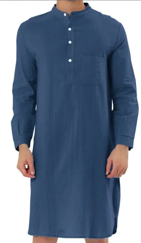 Men's button-front cotton robe in light blue with large patch pockets, shown in size medium.