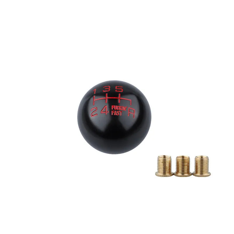 Aluminium alloy round car gear shift head shown in one of five available style variations.