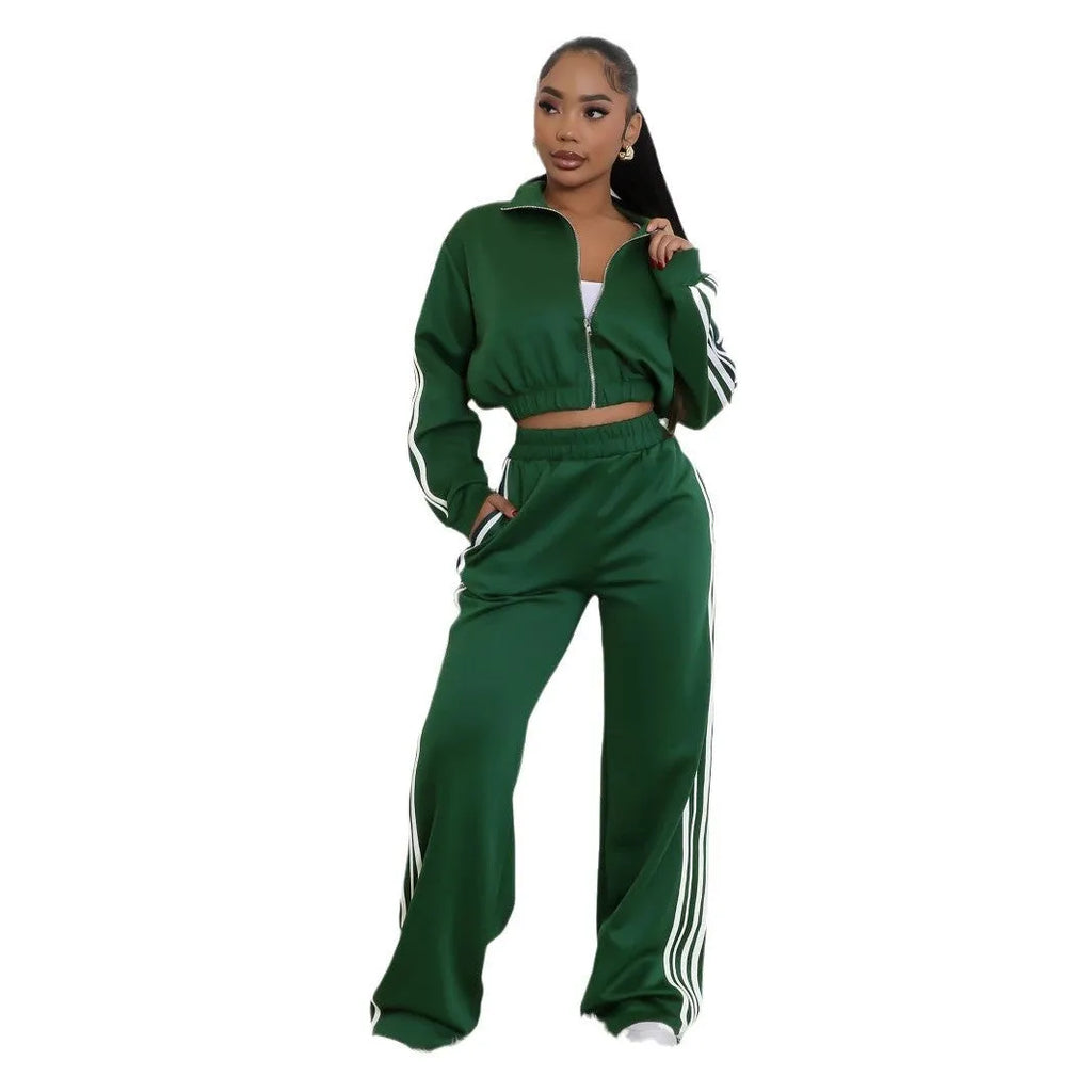 Striped suit zipper thickening sweater two-piece set in polyester fabric with street hipster styling