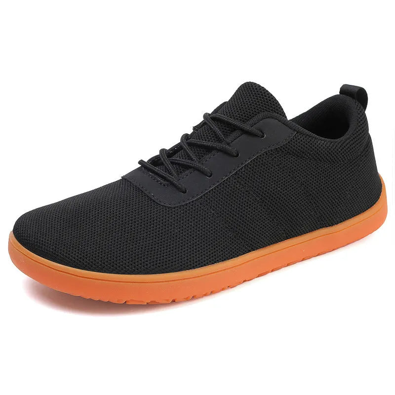 Men's black Flyknit casual walking shoes with round wide toe and rubber sole.