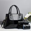 Women's crocodile stitch texture three-piece shoulder bag set in six colour options showing main bag and two smaller organisers