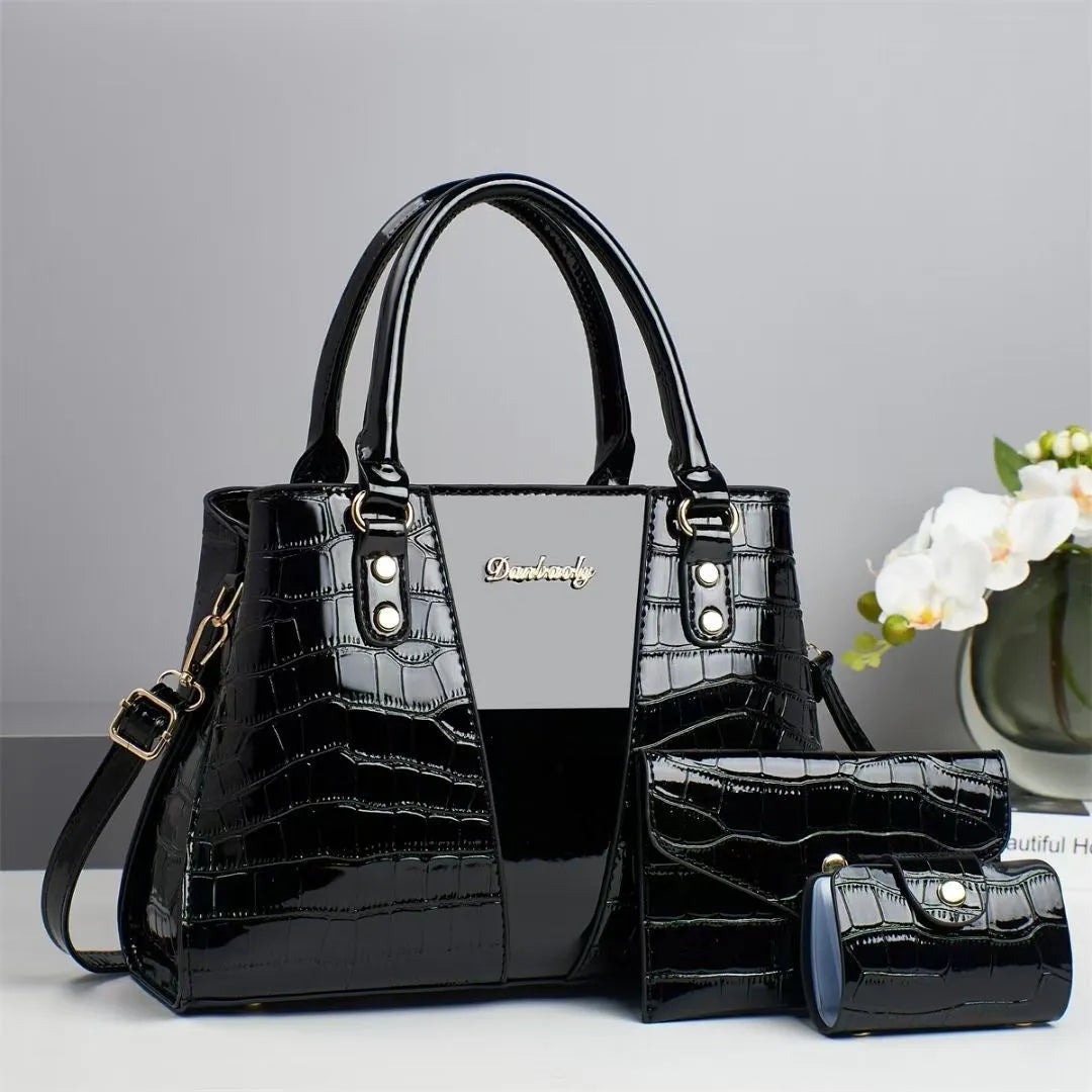 Women's crocodile stitch texture three-piece shoulder bag set in six colour options showing main bag and two smaller organisers