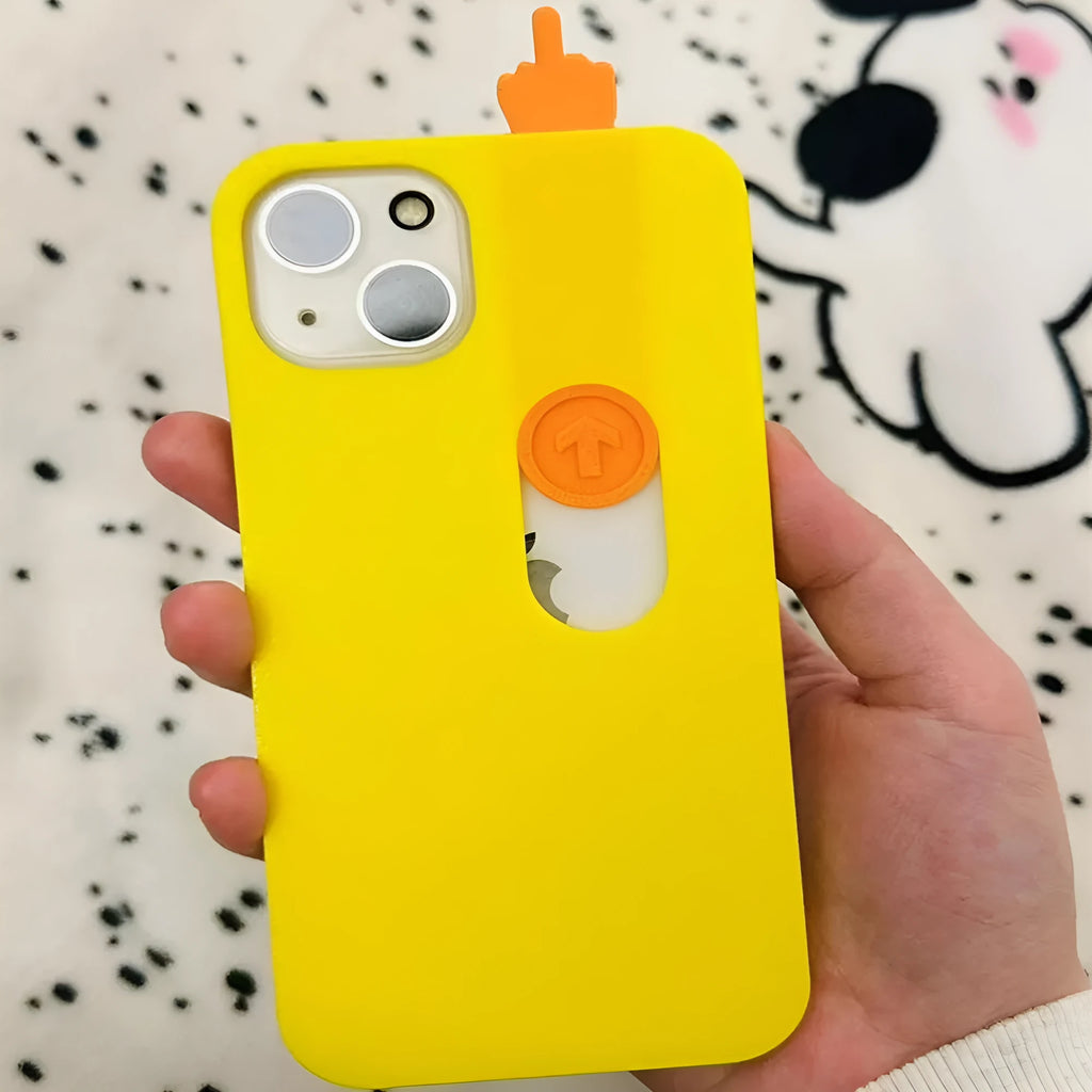 Bright yellow 3D printed sliding middle finger phone case for iPhone 14 Pro Max with spoof mechanism visible