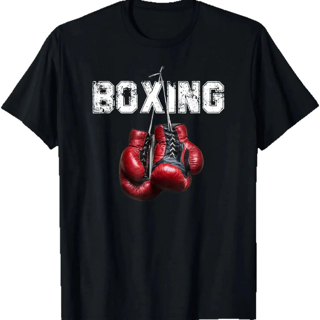 Fun pattern boxing short sleeve cotton T-shirt for men, loose fit, black KCAT213, front view
