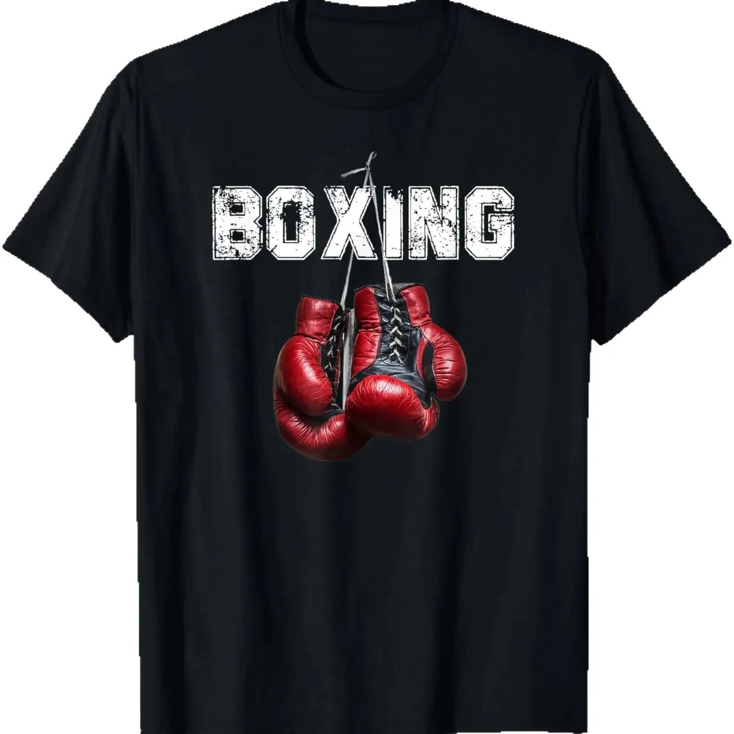Fun pattern boxing short sleeve cotton T-shirt for men, loose fit, black KCAT213, front view