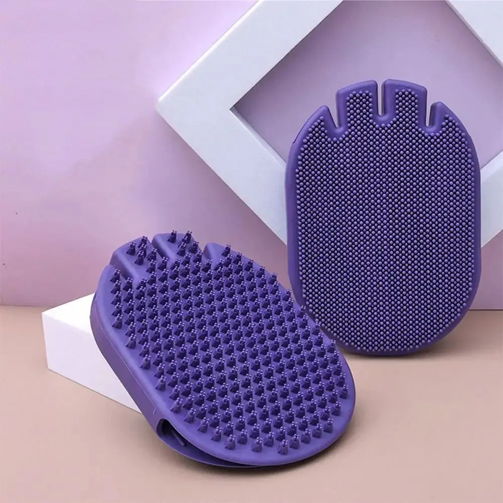 Purple soft TPR dual-sided pet massage brush for dog grooming and shampooing with ergonomic handle