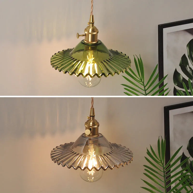 Retro copper lotus wall lamp with glass shade in choice of six colours, suspended from a wall