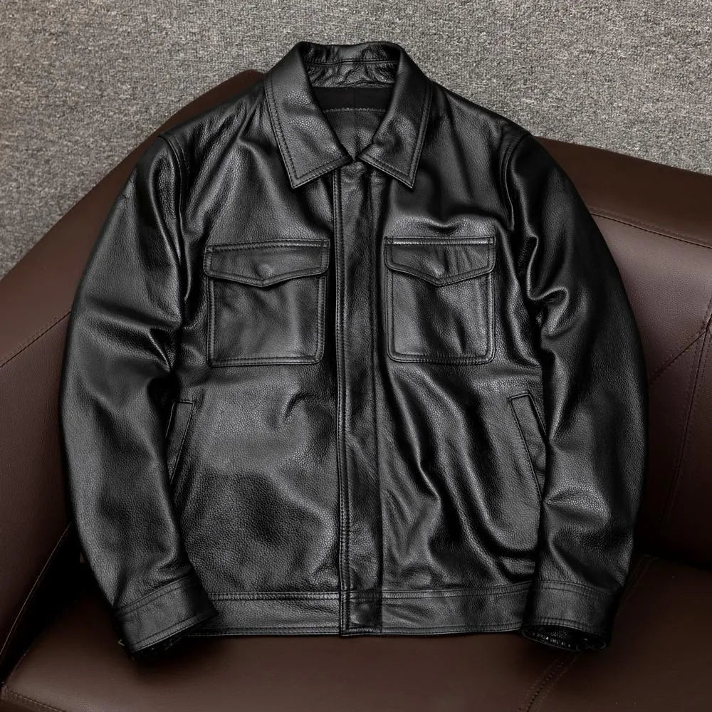 Men's plus size retro Kaji style PU leather jacket with lapel and side seam pockets