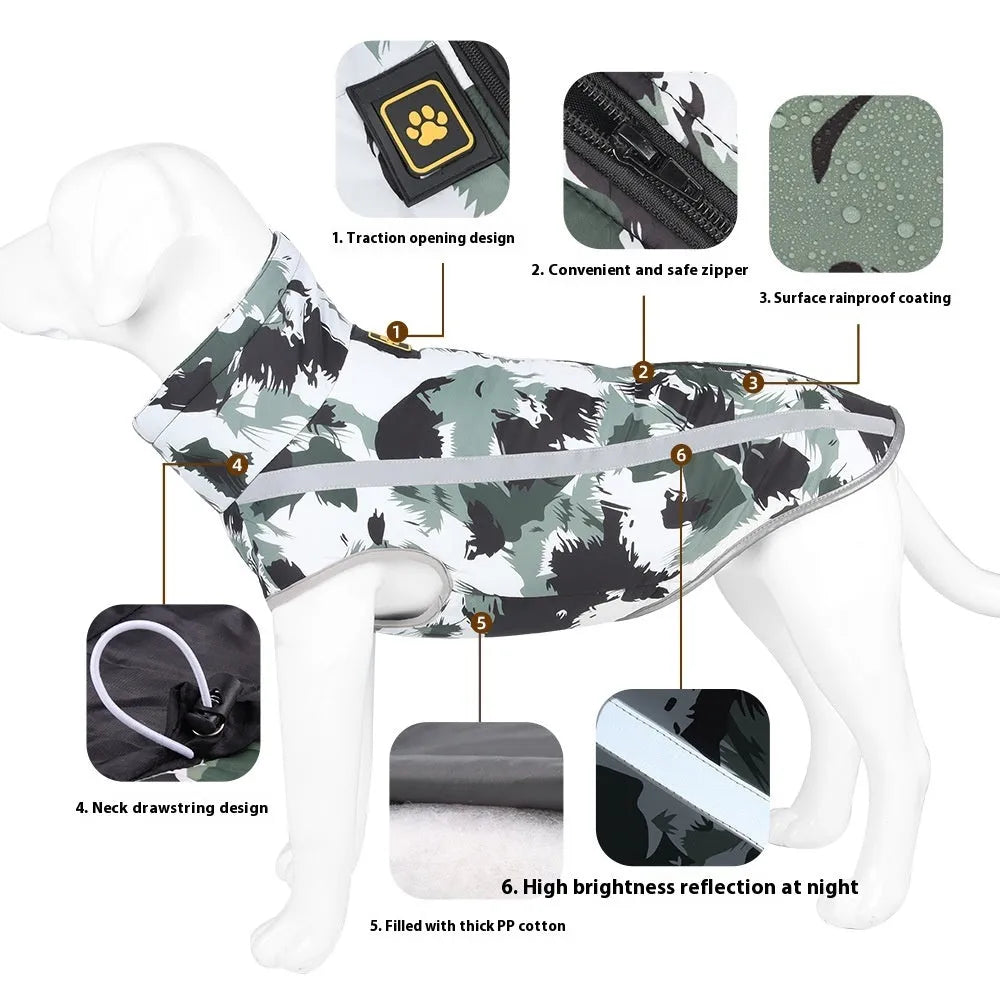 Reflective thick-shell dog jacket in geometric blue, red, or graffiti patterns for XL to 6XL sized pets