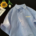 Blue striped loose fit plus size casual half sleeve shirt with cardigan style