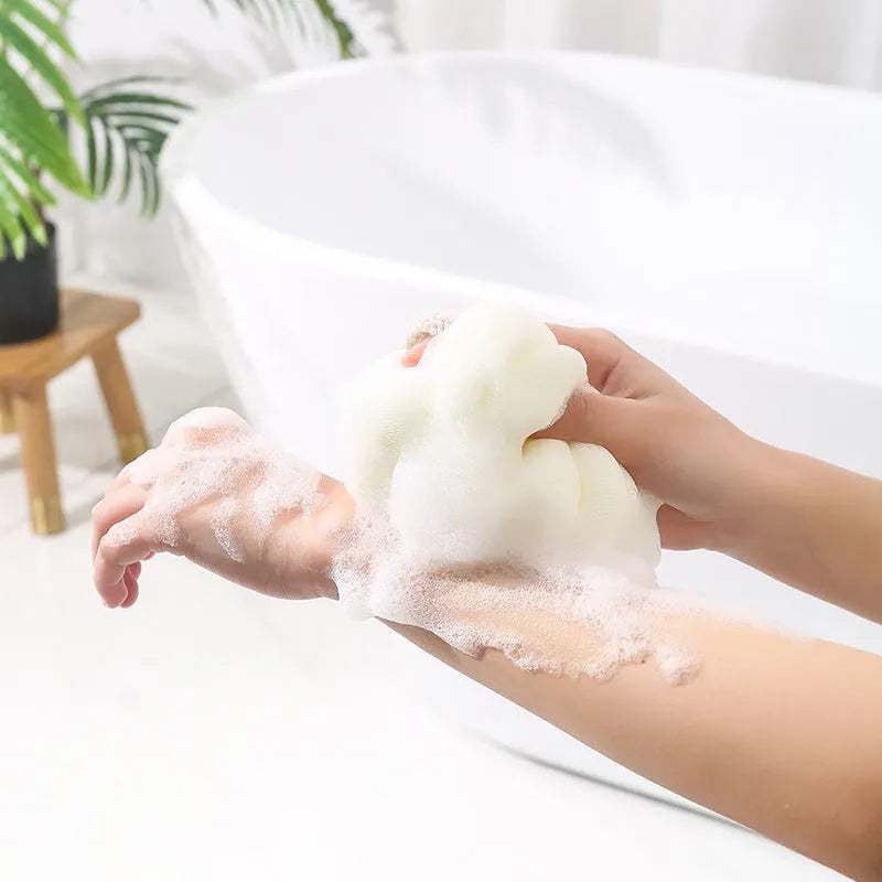 Japanese style 50g bath flower ball in beige with fine mesh and flexible foam, 10cm pumpkin shape
